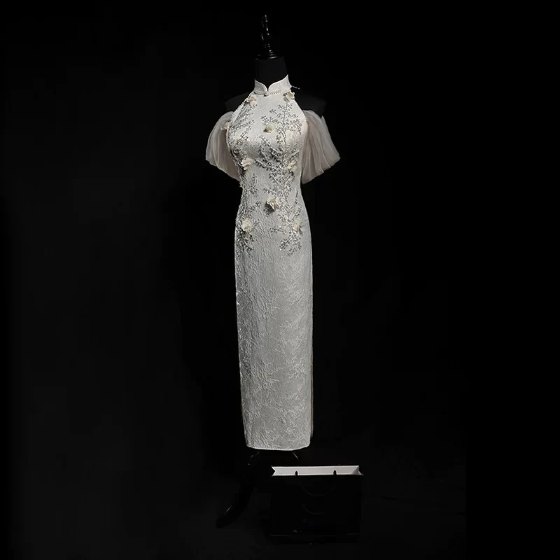 Champagne Cheongsam Dress with Lace and Sheer Butterfly Sleeves – Elegant High Neck Qipao with Floral Embroidery Plus Size - Image 2