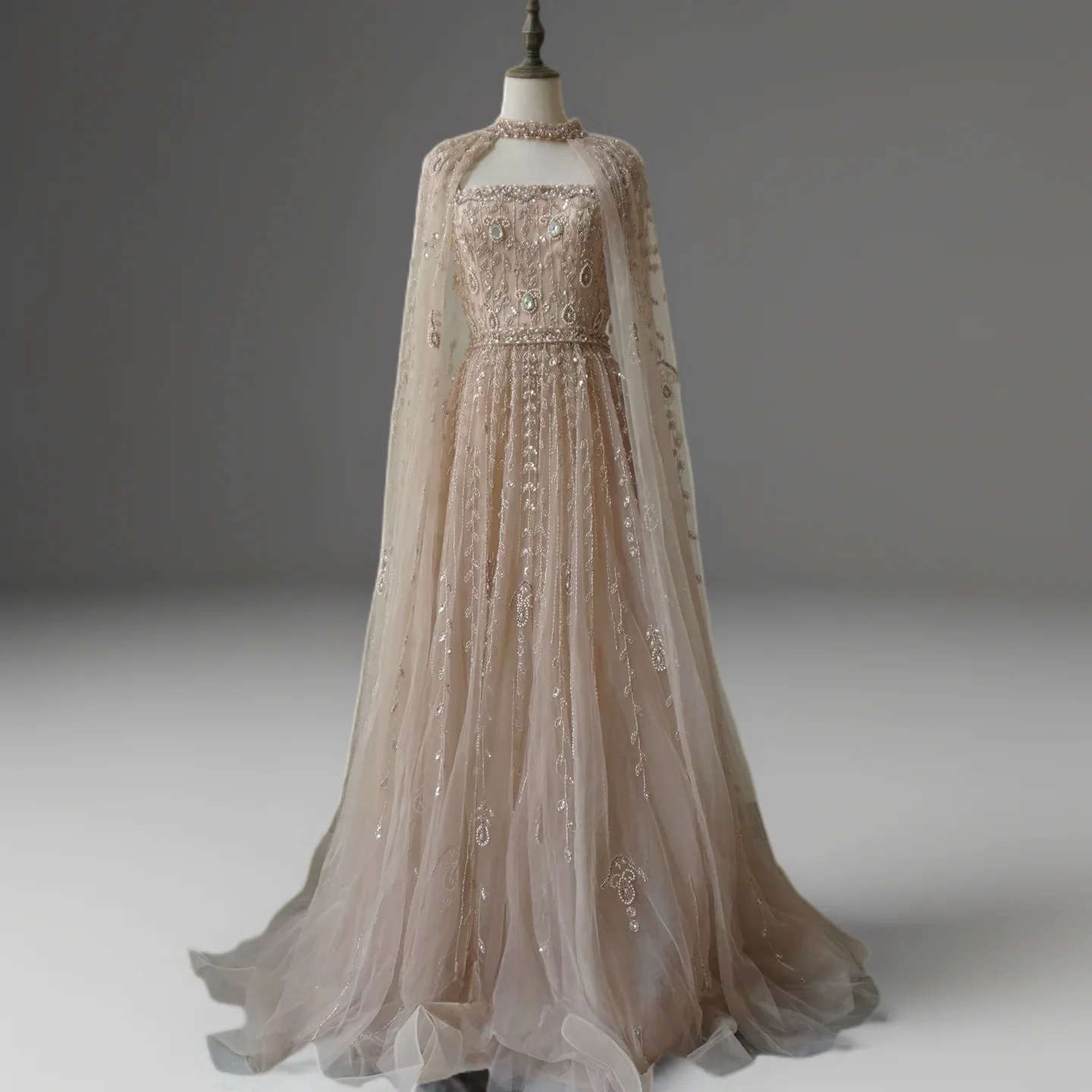 Champagne Convertible Embellished Gown with Cape – Sequin Maxi Dress with Square Neckline Plus Size