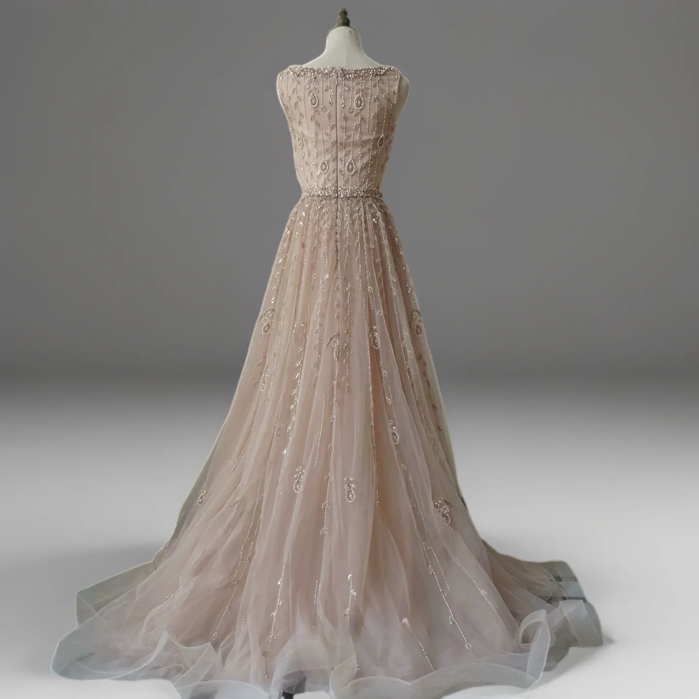 Champagne Convertible Embellished Gown with Cape – Sequin Maxi Dress with Square Neckline Plus Size - Image 3