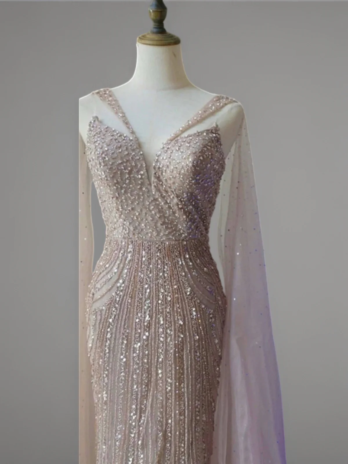 Champagne Designer Sequin Gown with Beaded Cape – Champagne Dress for Wedding Guest or Formal Gala Plus Size - Image 3