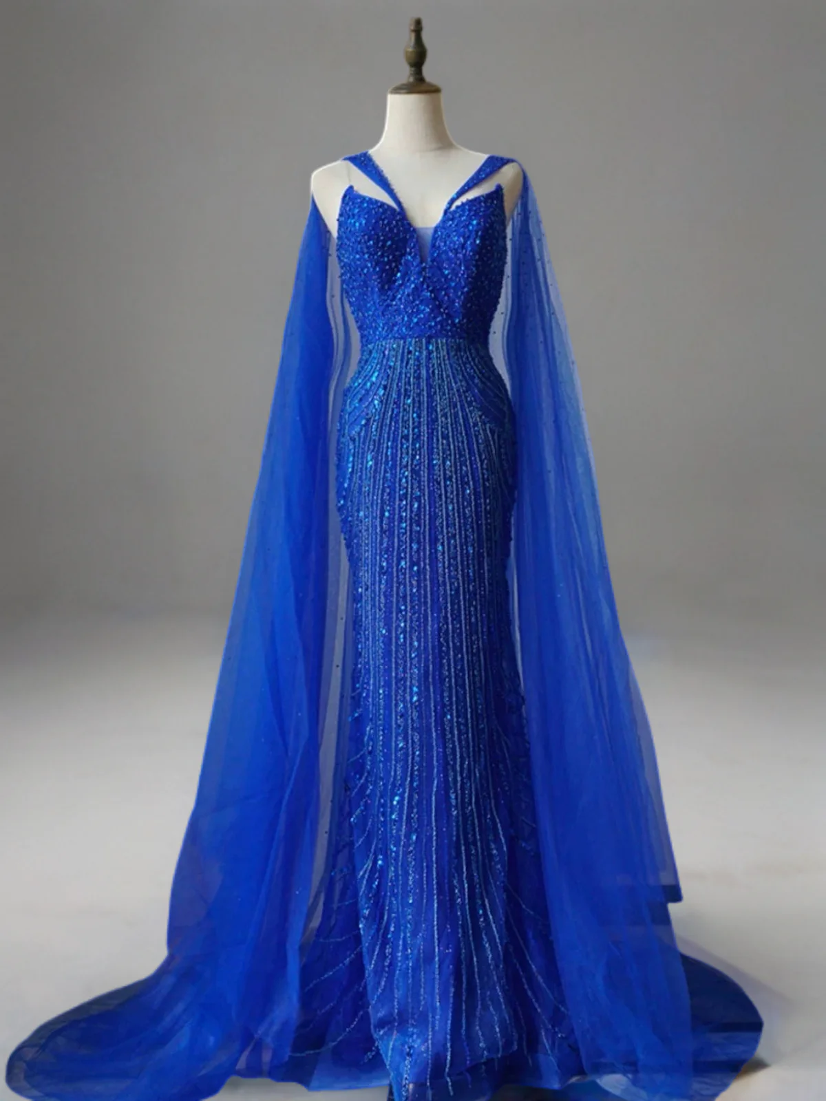 Champagne Designer Sequin Gown with Beaded Cape – Champagne Dress for Wedding Guest or Formal Gala Plus Size - Image 4