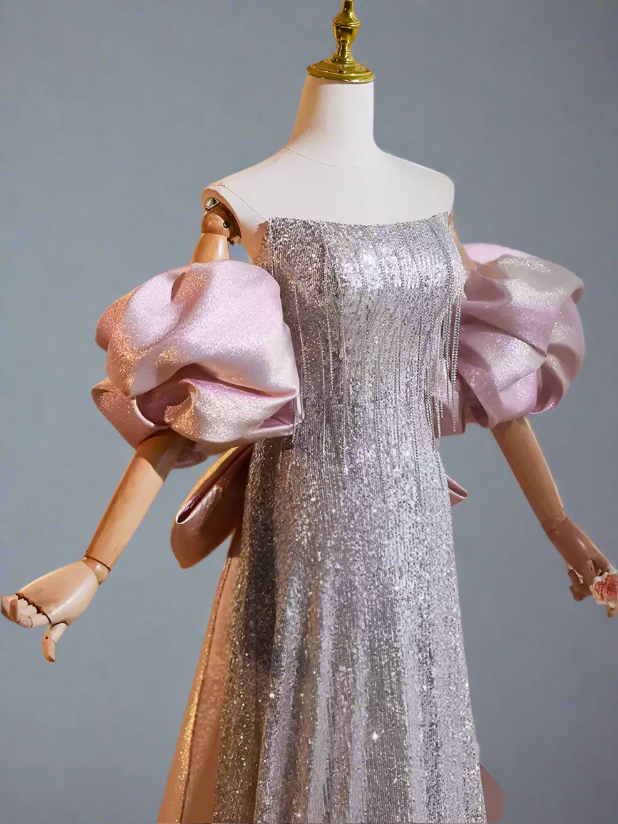 Champagne Dress for Wedding Guest - Sparkly Evening Gown with Pink Bow - Champagne Pink Sequin Dress - Sequins Evening Gown Plus Size - Image 4