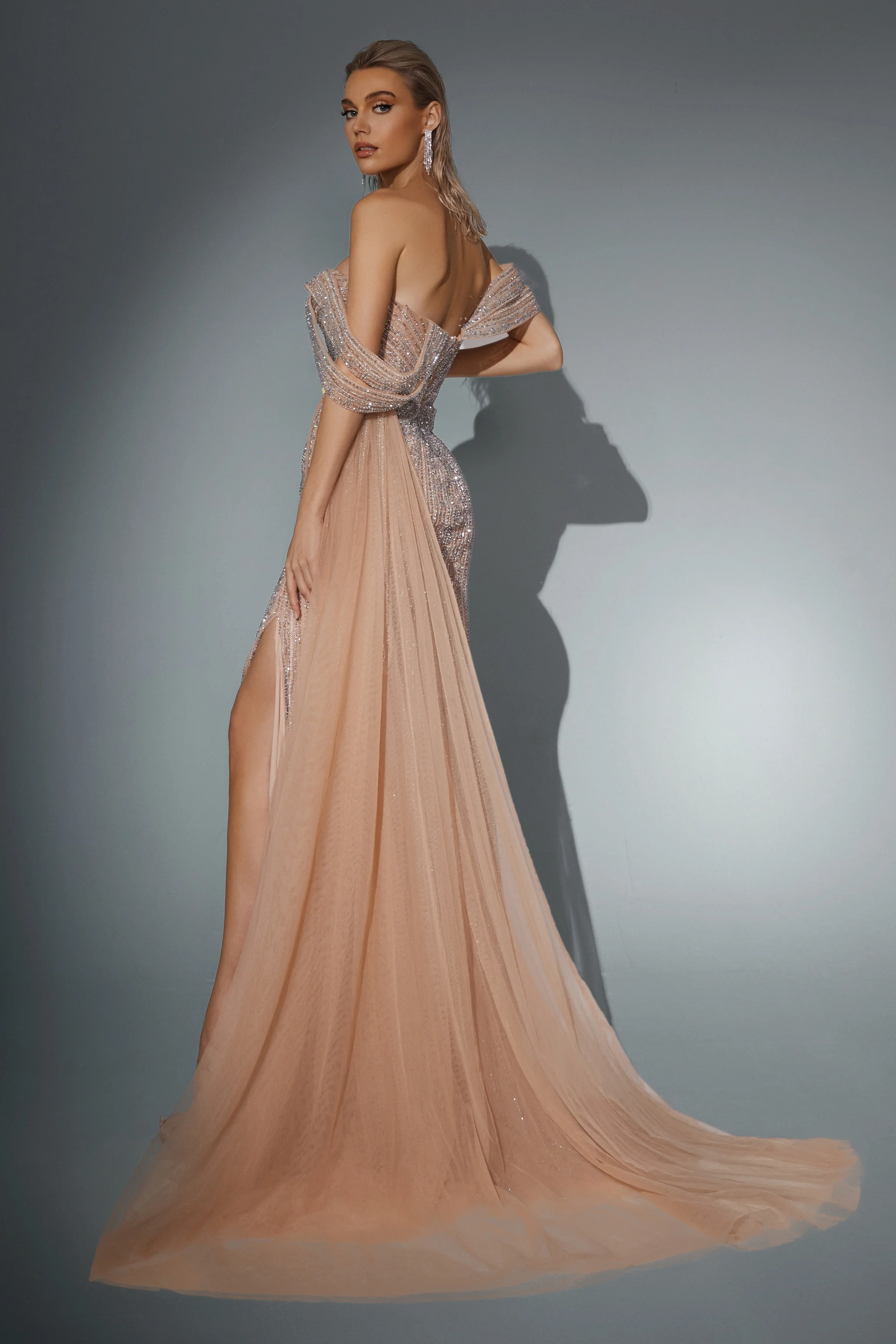 Champagne Dress for Wedding Guest with Draped Sleeves - Pretty Sequin Dress - Designer Sequin Gown with Side Slit Plus Size - Image 2