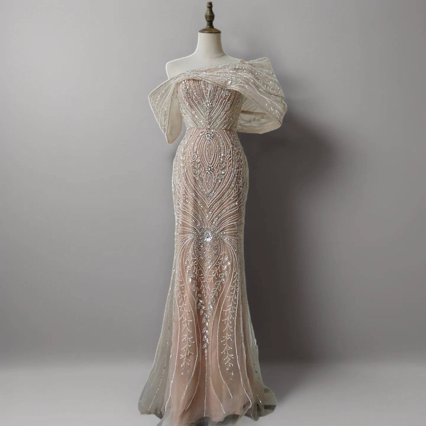 Champagne Embellished Gown with Off Shoulder Design – Sequins Evening Gown Plus Size