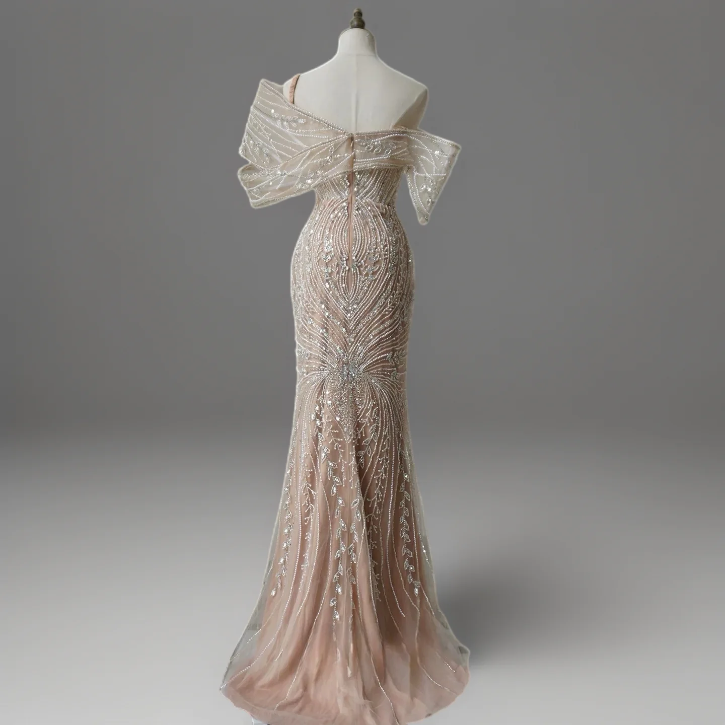 Champagne Embellished Gown with Off Shoulder Design – Sequins Evening Gown Plus Size - Image 2