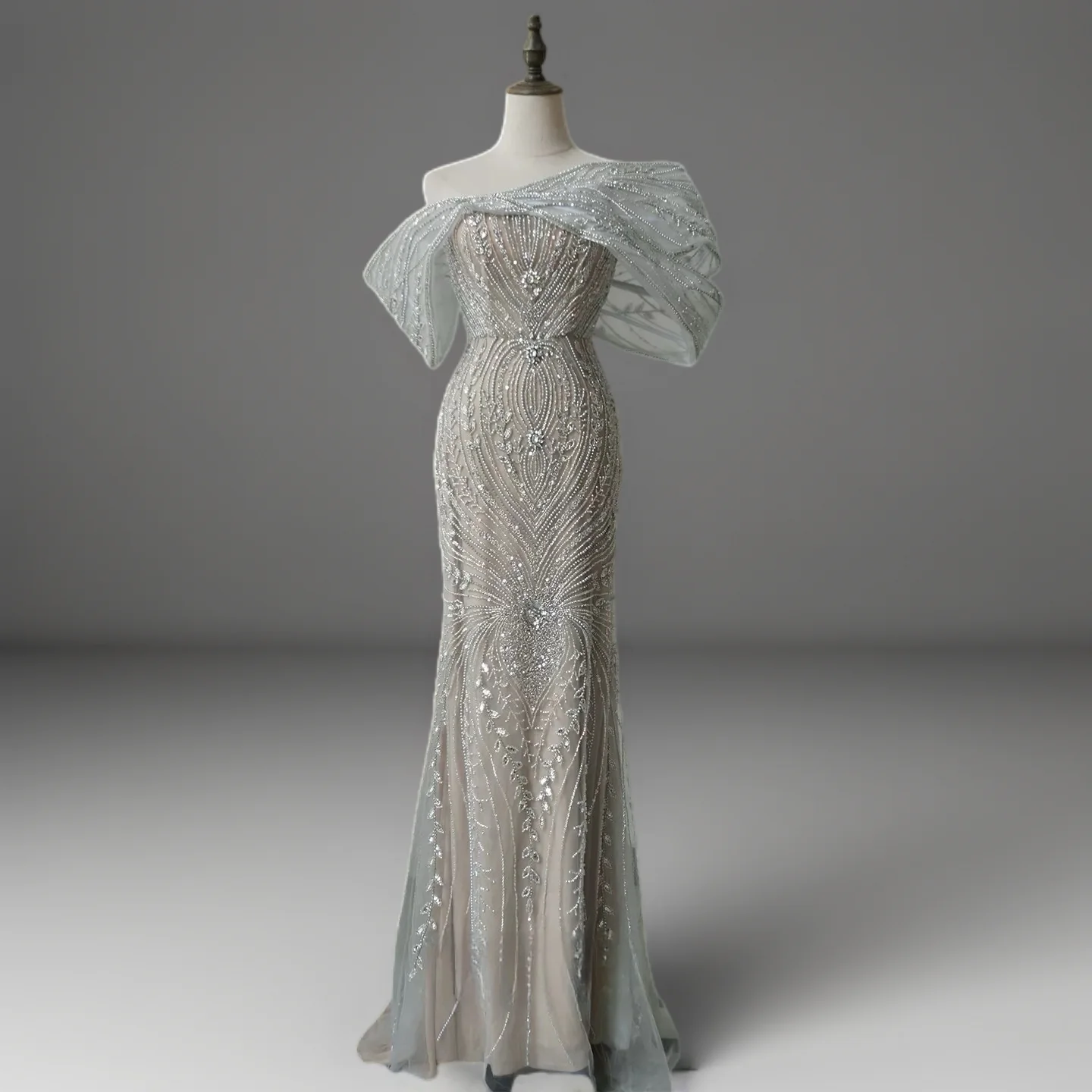 Champagne Embellished Gown with Off Shoulder Design – Sequins Evening Gown Plus Size - Image 3