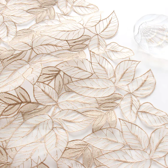 Champagne Embroidered Leaf Tulle Fabric - Image 2