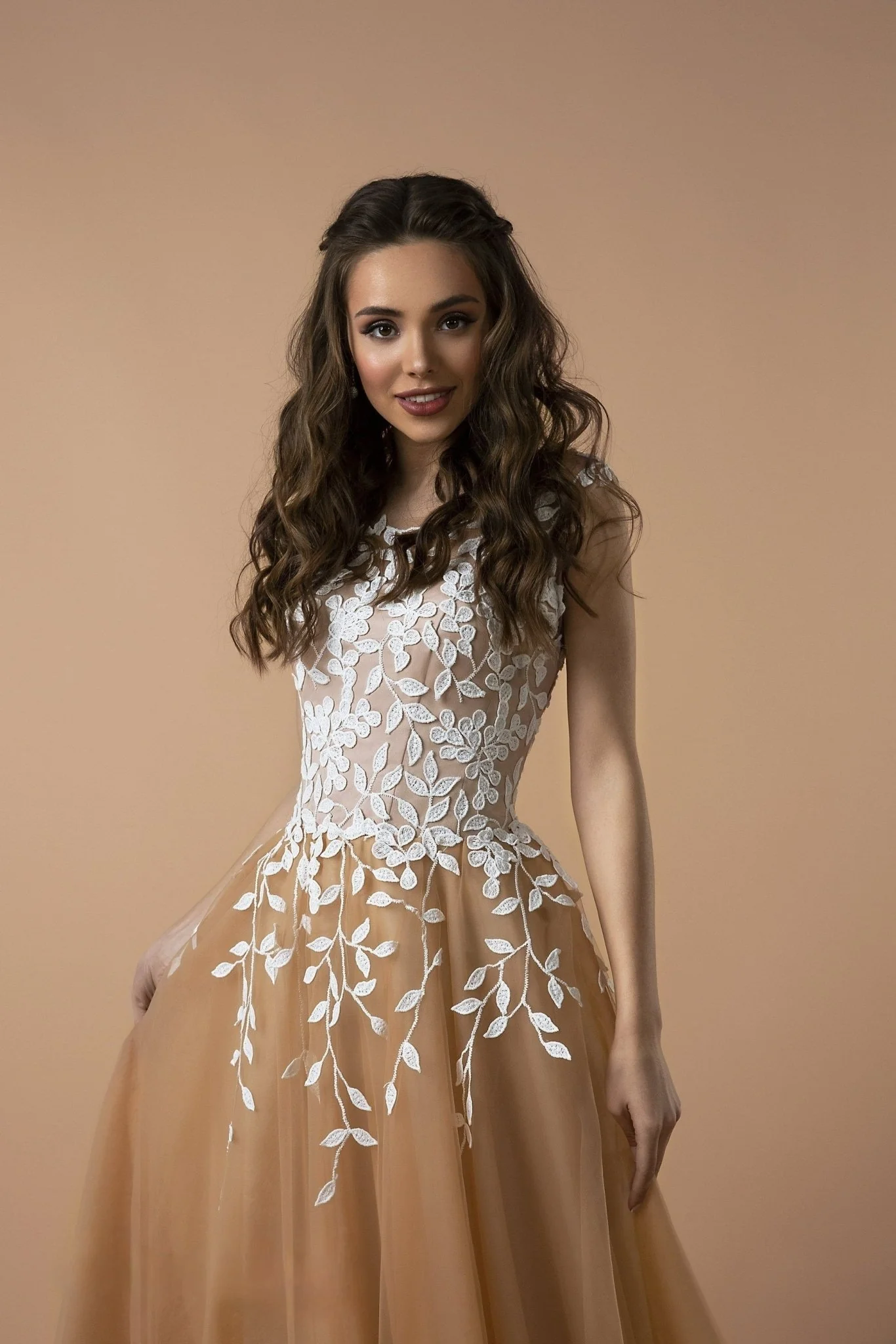 Gohtic Champagne Floral Appliqué Bridal Gown with Sheer Bodice - Romantic A-Line Wedding Dress with Extended Train Plus Size - Image 2