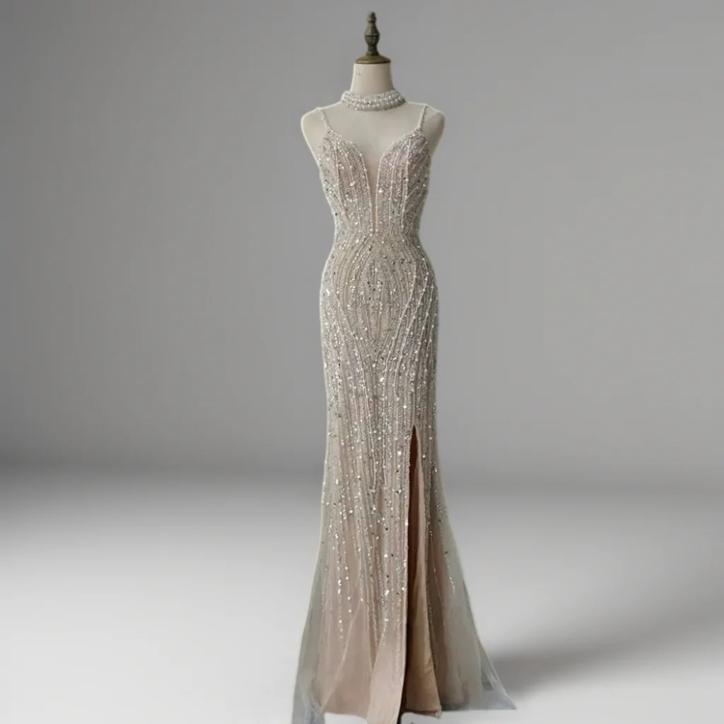 Champagne Glitter Sequin Evening Gown – Sparkly Maxi Dress with Slit and Thin Straps Plus Size