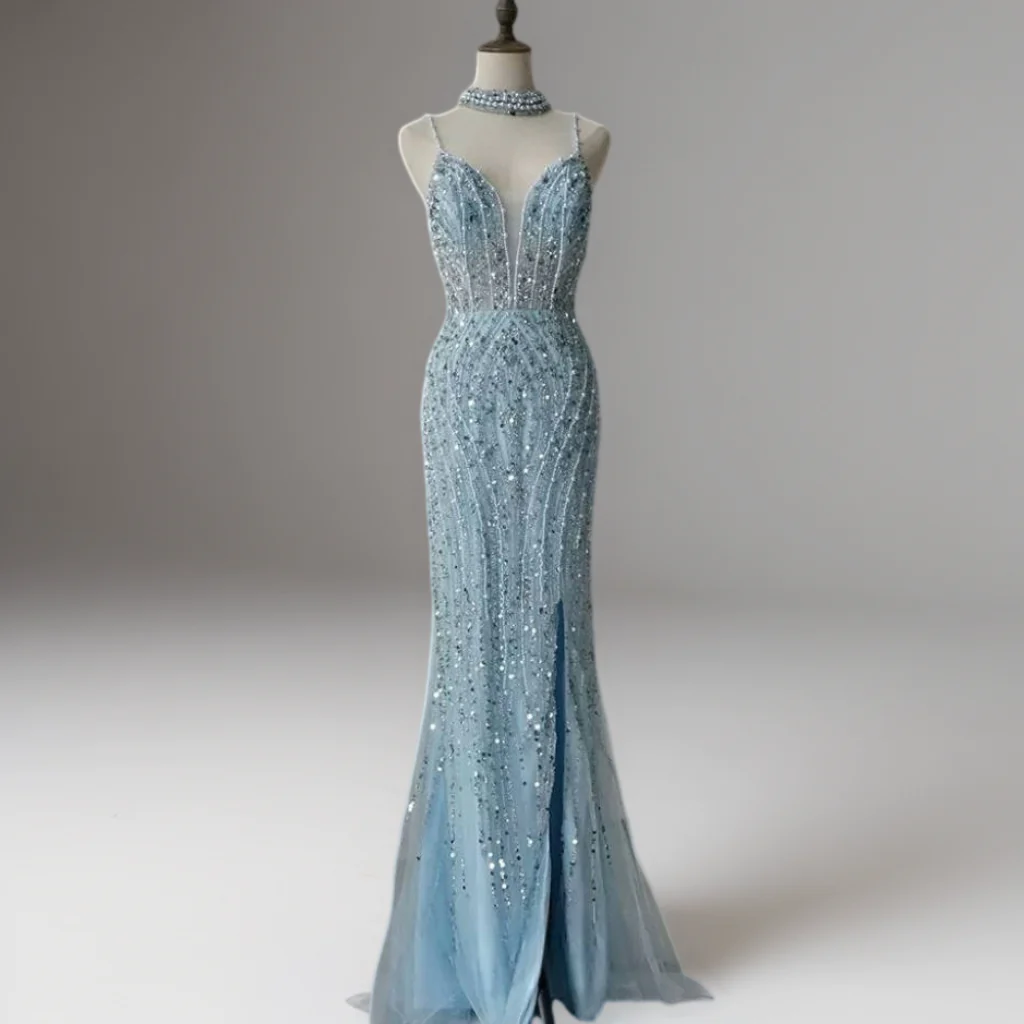 Champagne Glitter Sequin Evening Gown – Sparkly Maxi Dress with Slit and Thin Straps Plus Size - Image 4