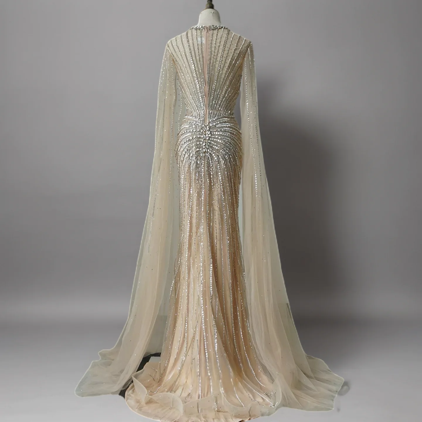 Champagne Illusion Sequin Ball Gown with Cape Sleeves – Long Sleeve Sequin Dress Plus Size - Image 3