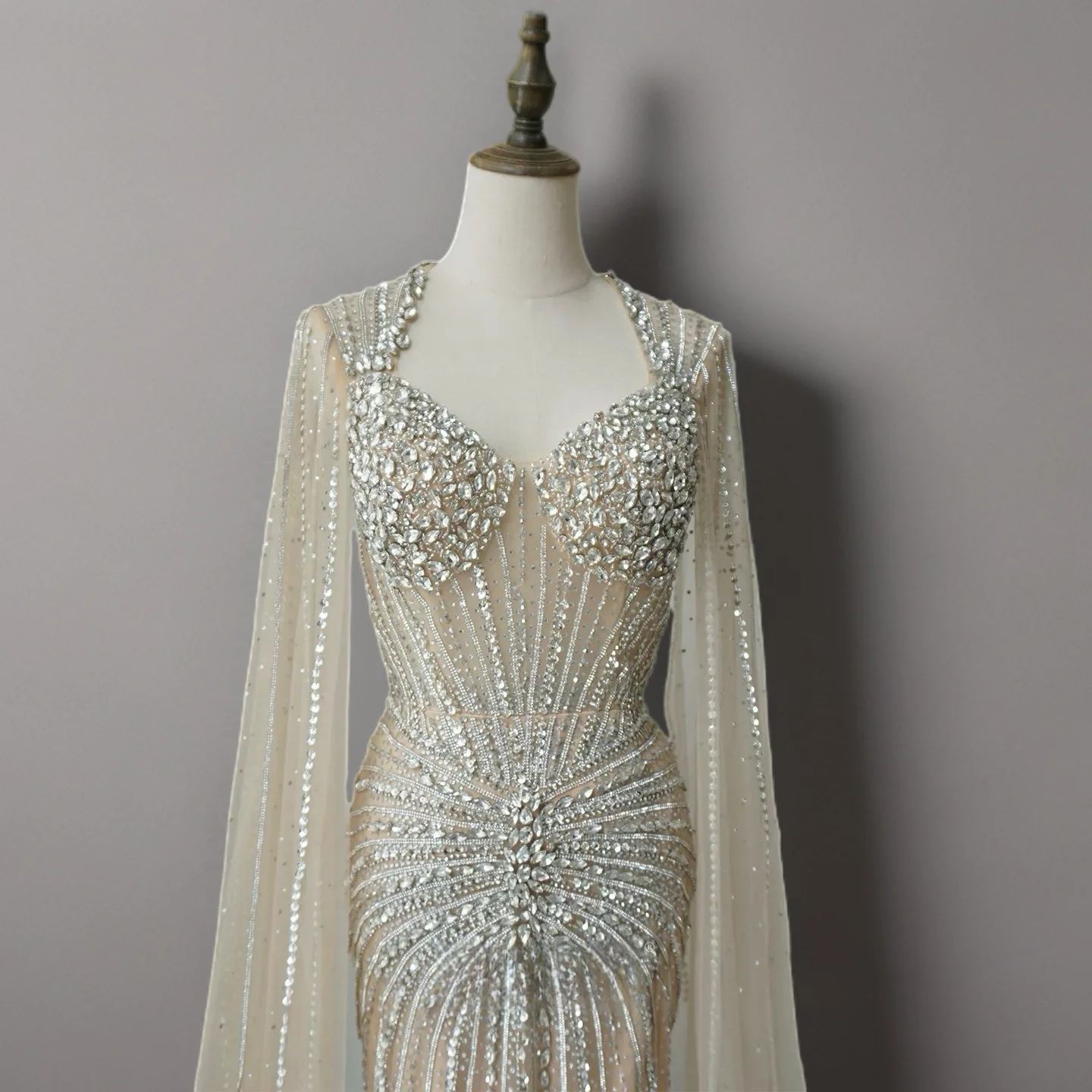 Champagne Illusion Sequin Ball Gown with Cape Sleeves – Long Sleeve Sequin Dress Plus Size - Image 4