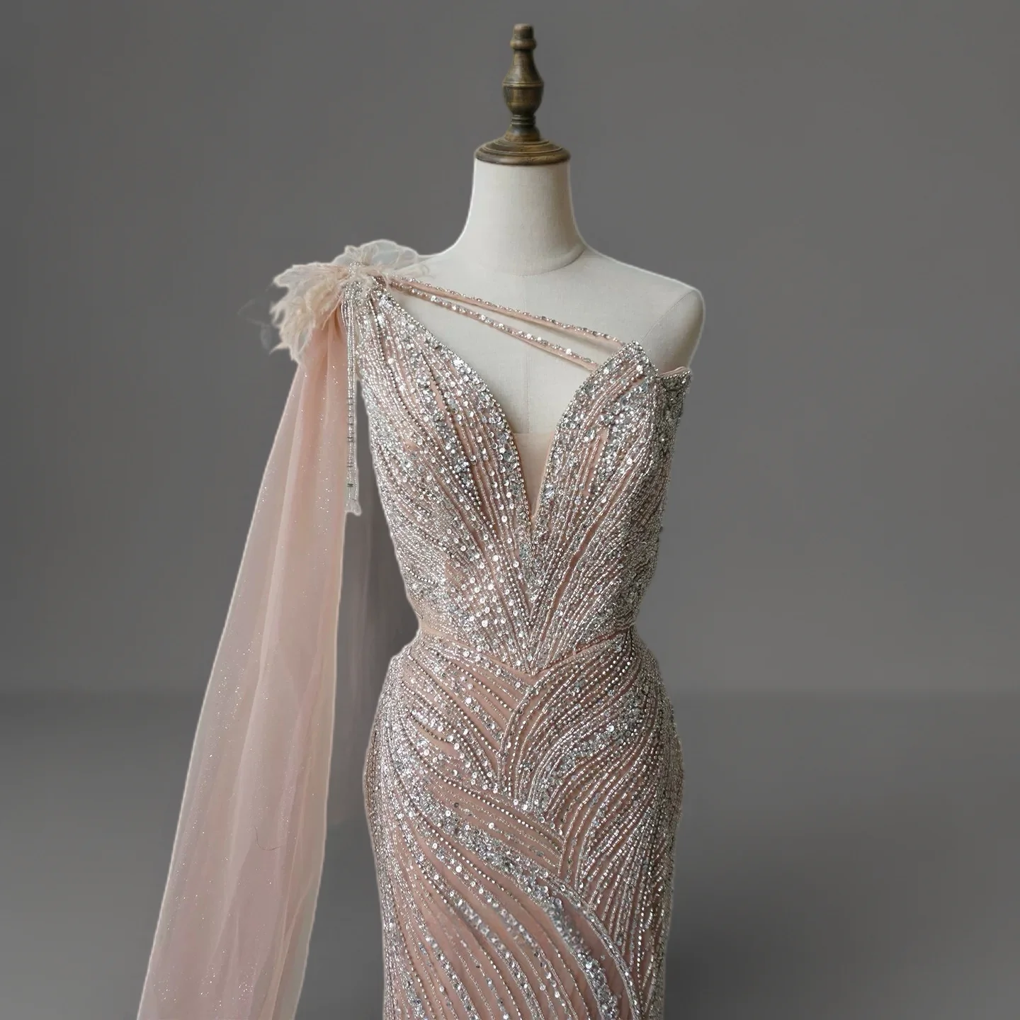 Champagne One Shoulder Sequin Evening Dress with Draped Tulle Sleeve – Sparkly Maxi Dress Plus Size - Image 3