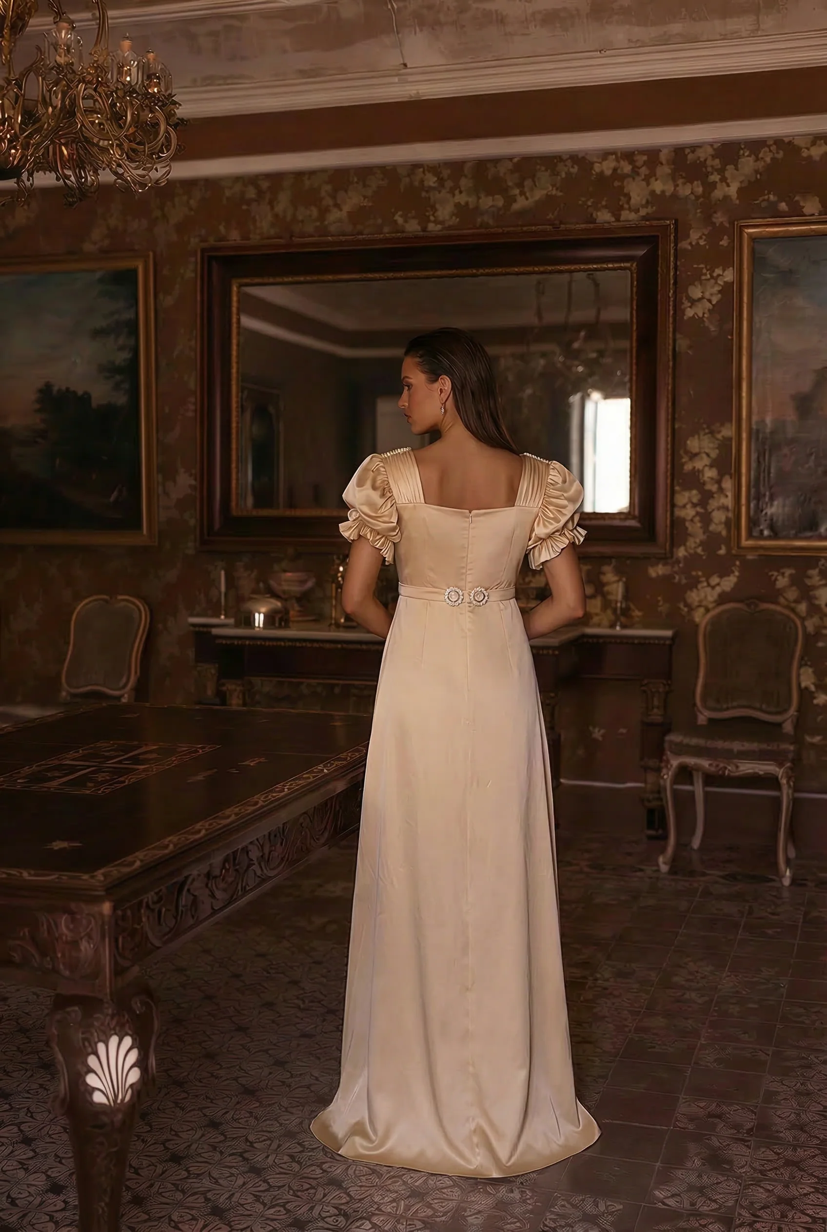 Champagne Regency Era Dress with Elegant Embroidery - Custom Regency Dress with Puff Sleeves and Draped Sash Plus Size - Image 2