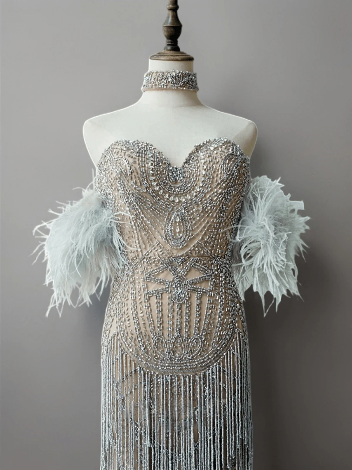 Champagne Sequin and Feather Bridal Gown - Off-Shoulder Silver Evening Dress with Slit Plus Size - Image 4