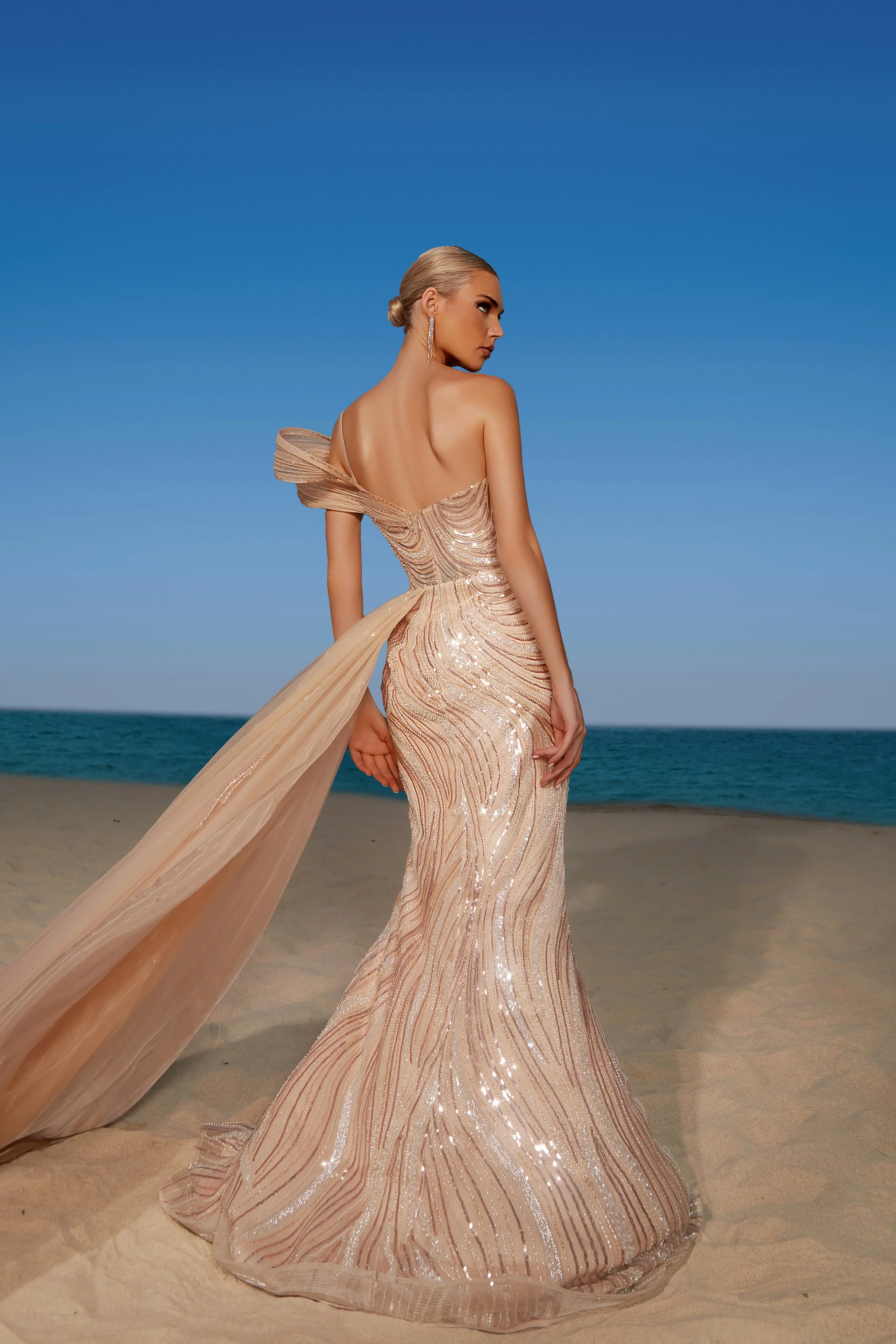 Champagne Sequin Evening Gown with One-Shoulder Design - Sparkly Maxi Dress with Flowing Train - Embellished Gown Plus Size - Image 2