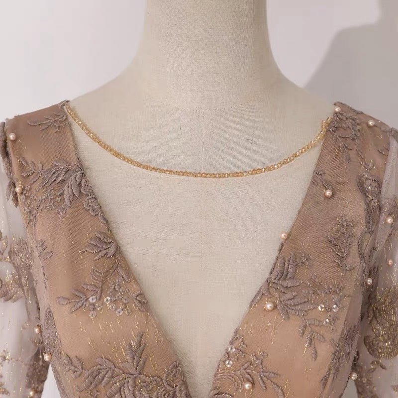 Champaign Beaded Sequins V-line Long Sleeve Lace Formal Dress - Plus Size - Image 4