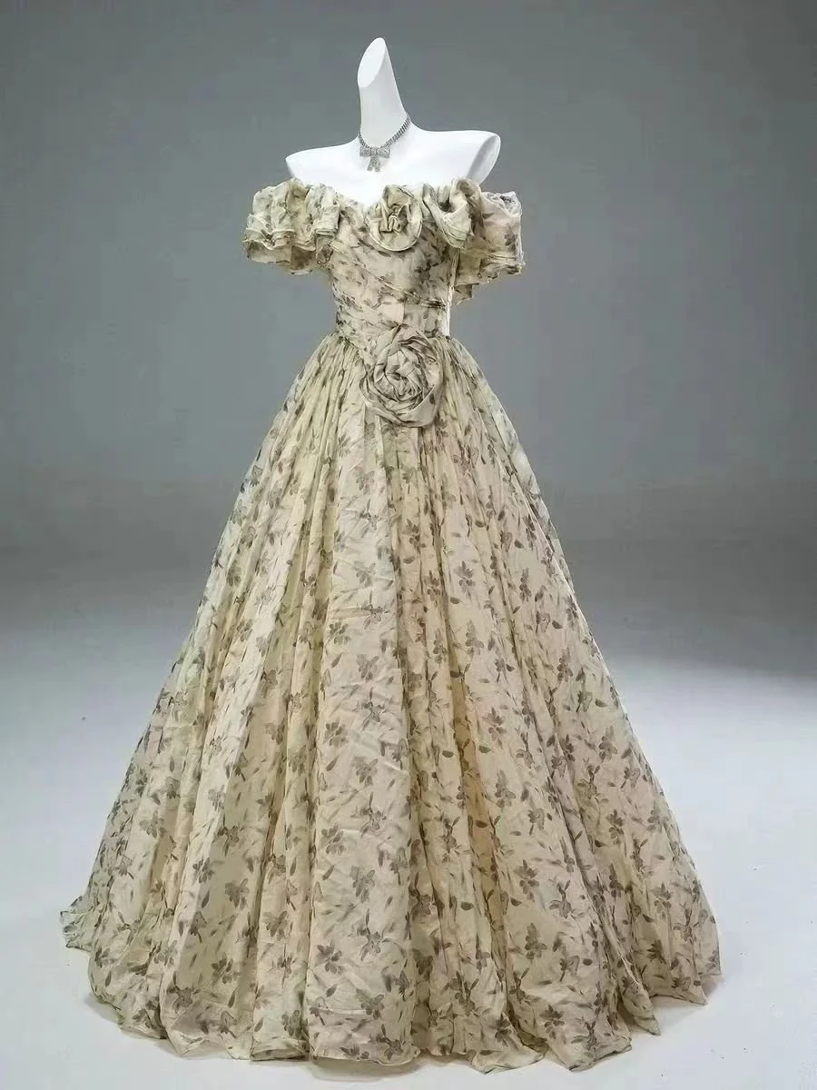 Cream Yellow Floral Off-Shoulder Vintage Ball Gown Evening Dress - Plus Size