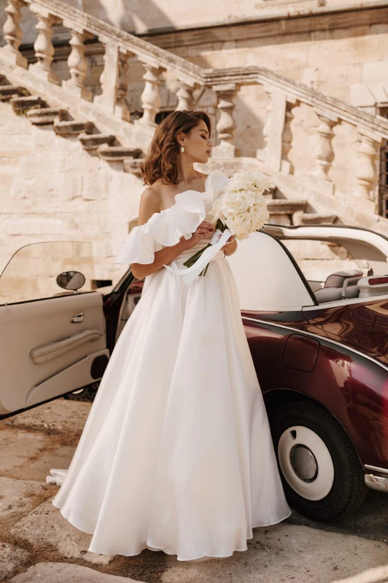 Charming Off-Shoulder Satin A-Line Wedding Dress with Ruffled Detail Plus Size - BIANCA - Image 8