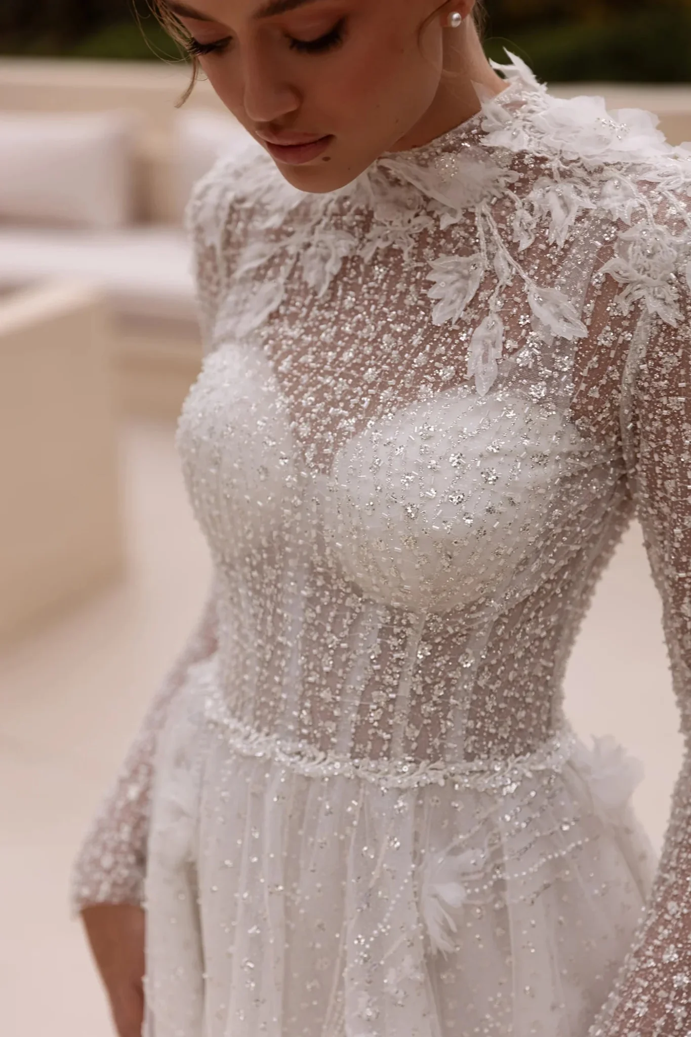 White High-Neck Lace Wedding Dress with Sheer Long Sleeves and Floor-Length Train - Plus Size-Chey - Image 2