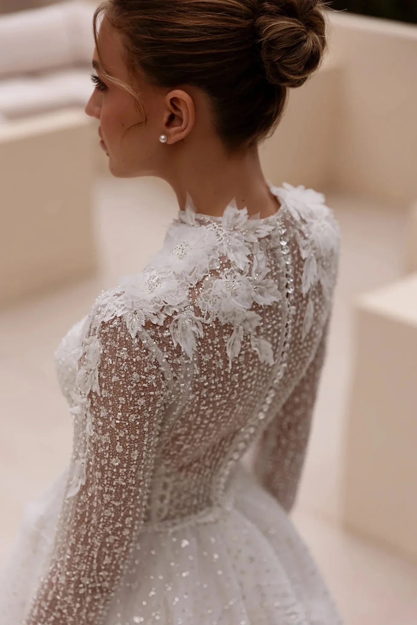 White High-Neck Lace Wedding Dress with Sheer Long Sleeves and Floor-Length Train - Plus Size-Chey - Image 3