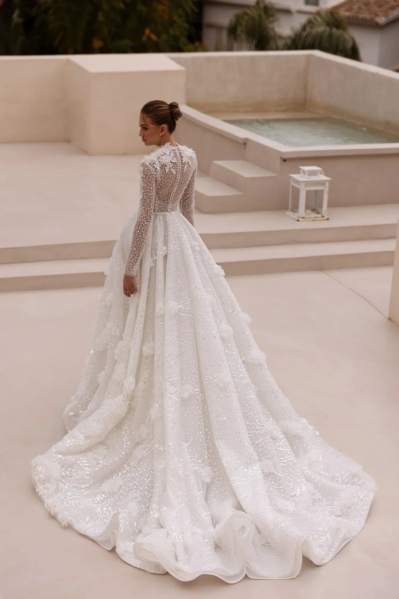 White High-Neck Lace Wedding Dress with Sheer Long Sleeves and Floor-Length Train - Plus Size-Chey - Image 4