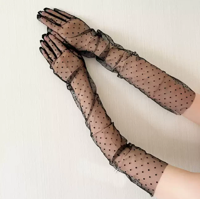 Chic Black Polka-Dot Mesh Long Gloves - Black Evening Gloves - Image 2