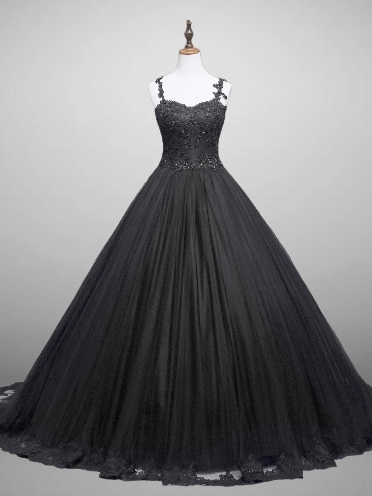 Black Gothic Lace Floral Embroidered  Wedding Dress With Spaghetti Straps Plus Size