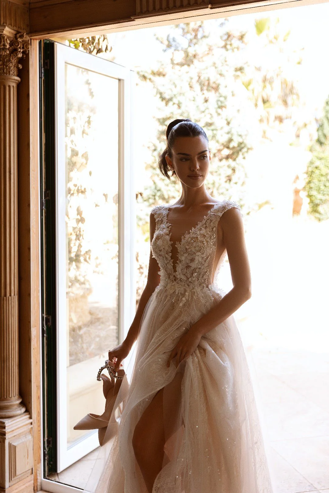 White Plunge Neck Open-Back Wedding Dress with Floral Lace and Sheer Details - Plus Size-Claudia - Image 3