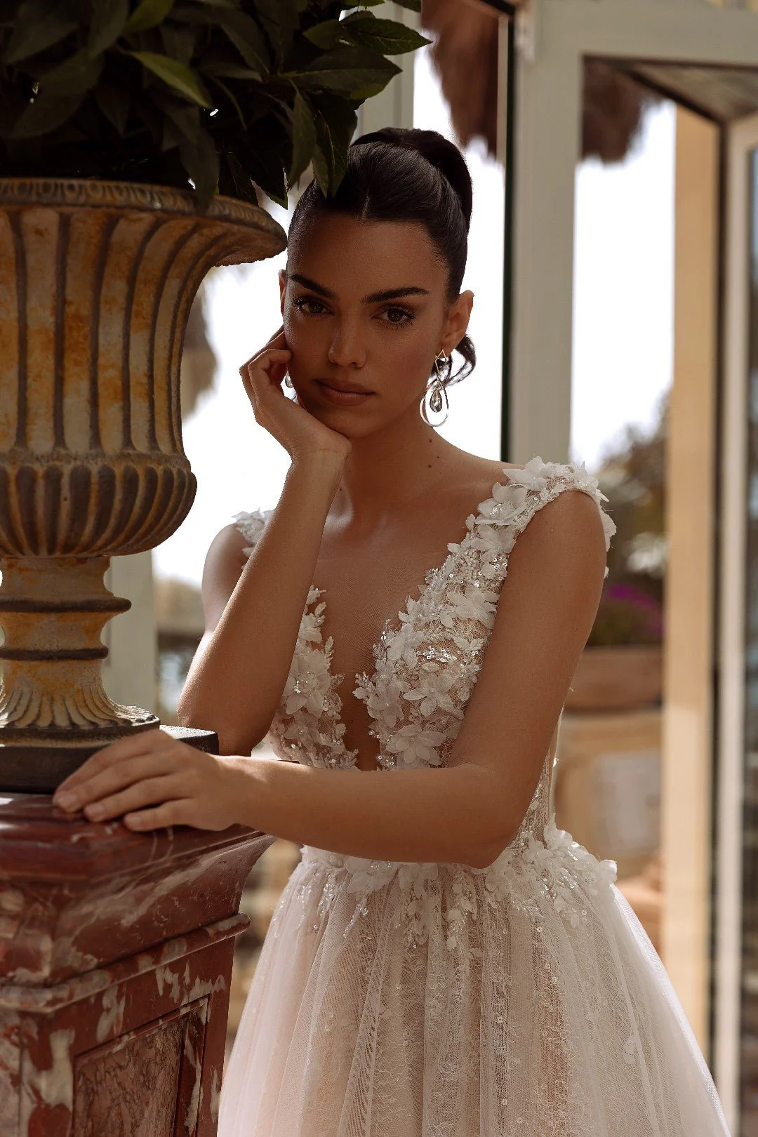 White Plunge Neck Open-Back Wedding Dress with Floral Lace and Sheer Details - Plus Size-Claudia - Image 4
