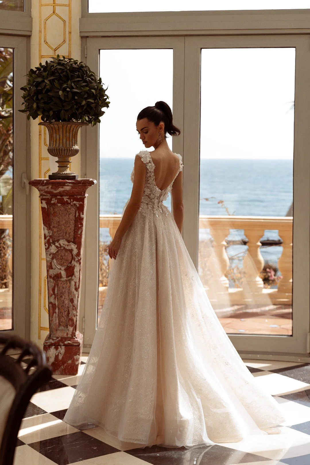 White Plunge Neck Open-Back Wedding Dress with Floral Lace and Sheer Details - Plus Size-Claudia - Image 5