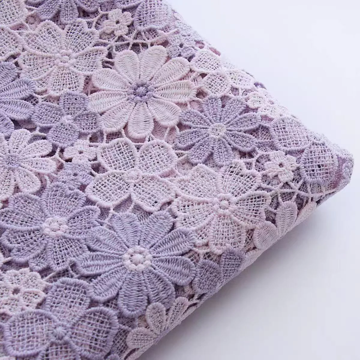 Powder Purple Milk Silk 3D Embroidered Hollow Floral Lace Fabric - Image 2