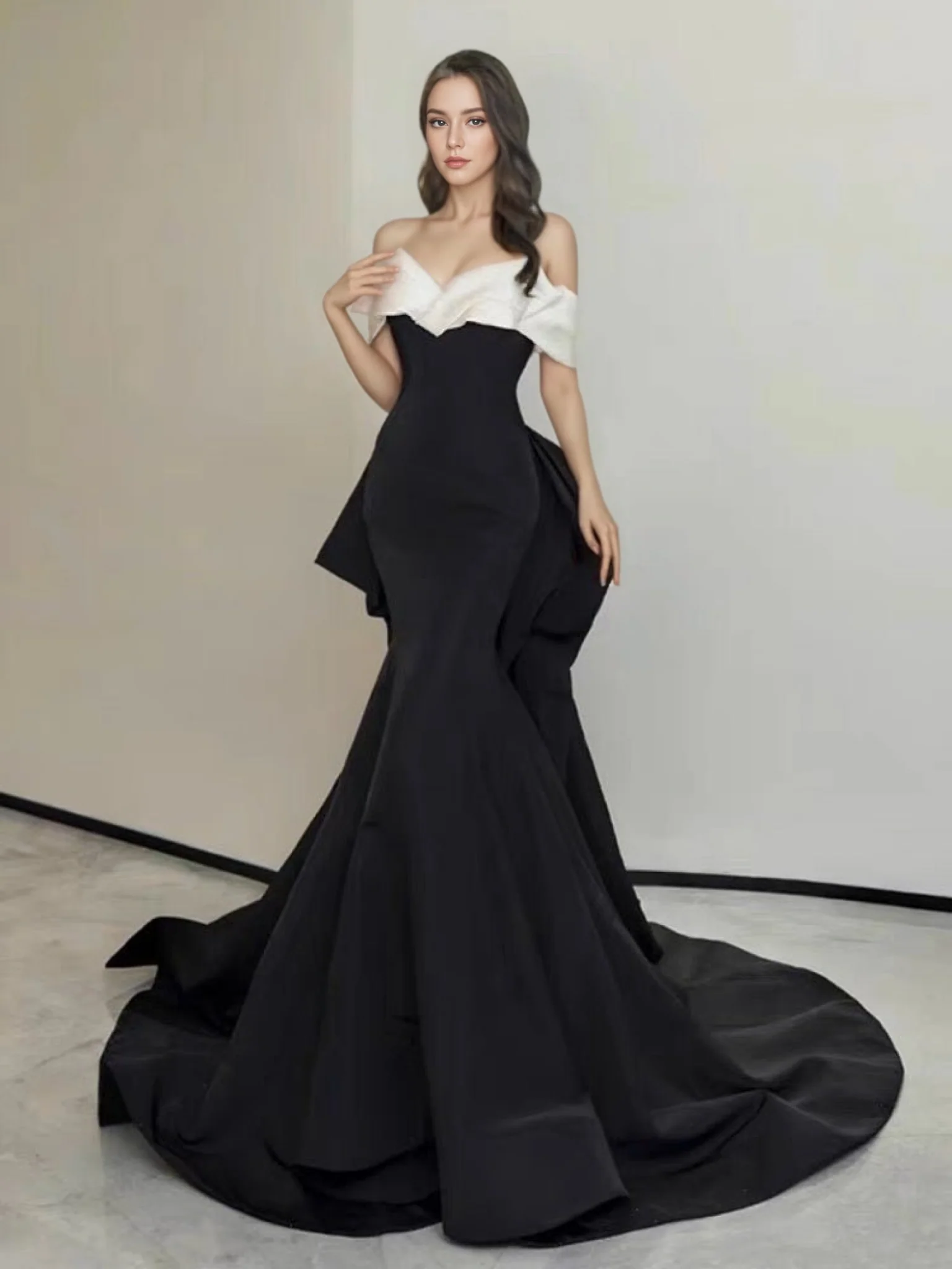 Elegant Gothic Black and White Evening Gown with Off-Shoulder Design Plus Size