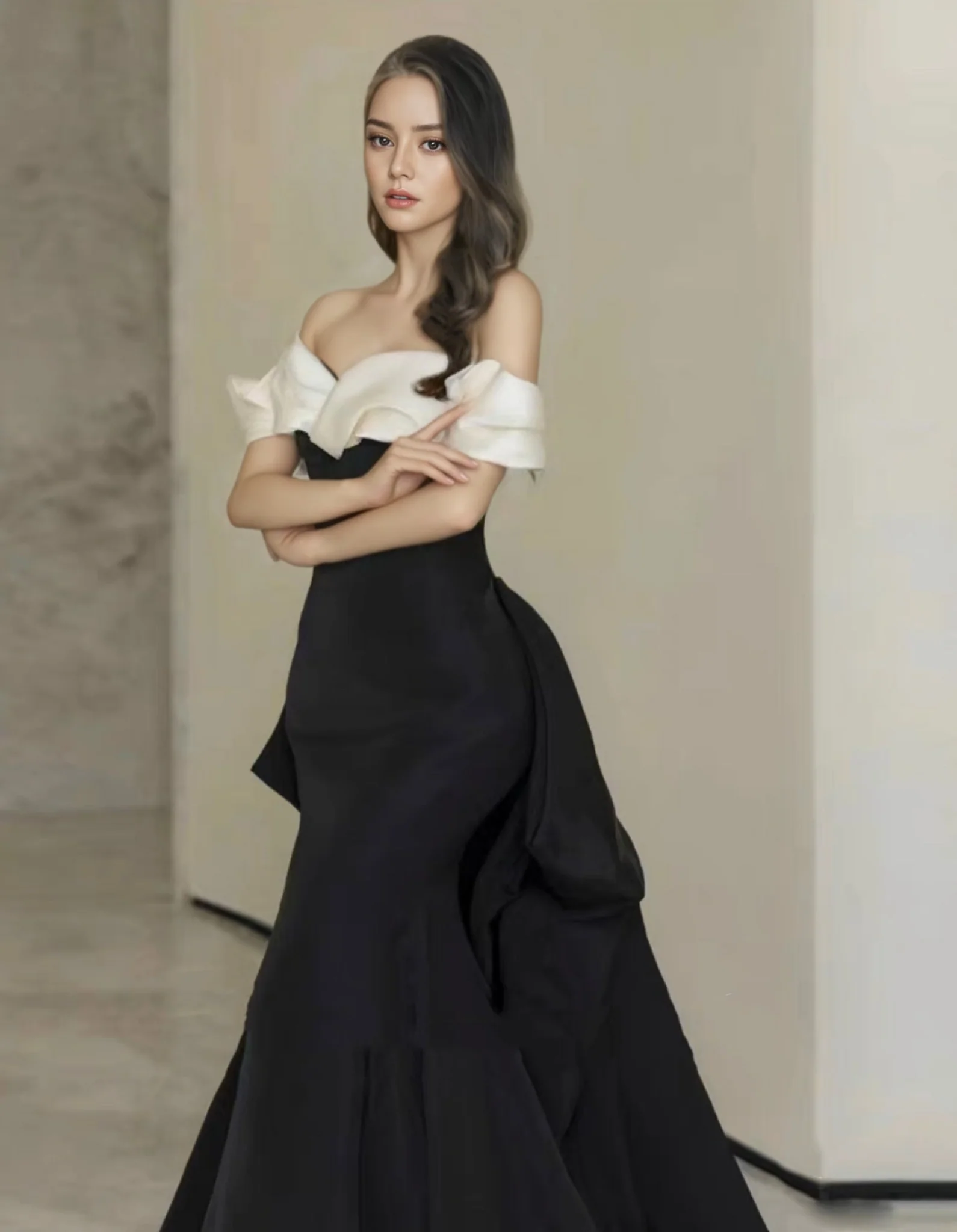 Elegant Gothic Black and White Evening Gown with Off-Shoulder Design Plus Size - Image 3