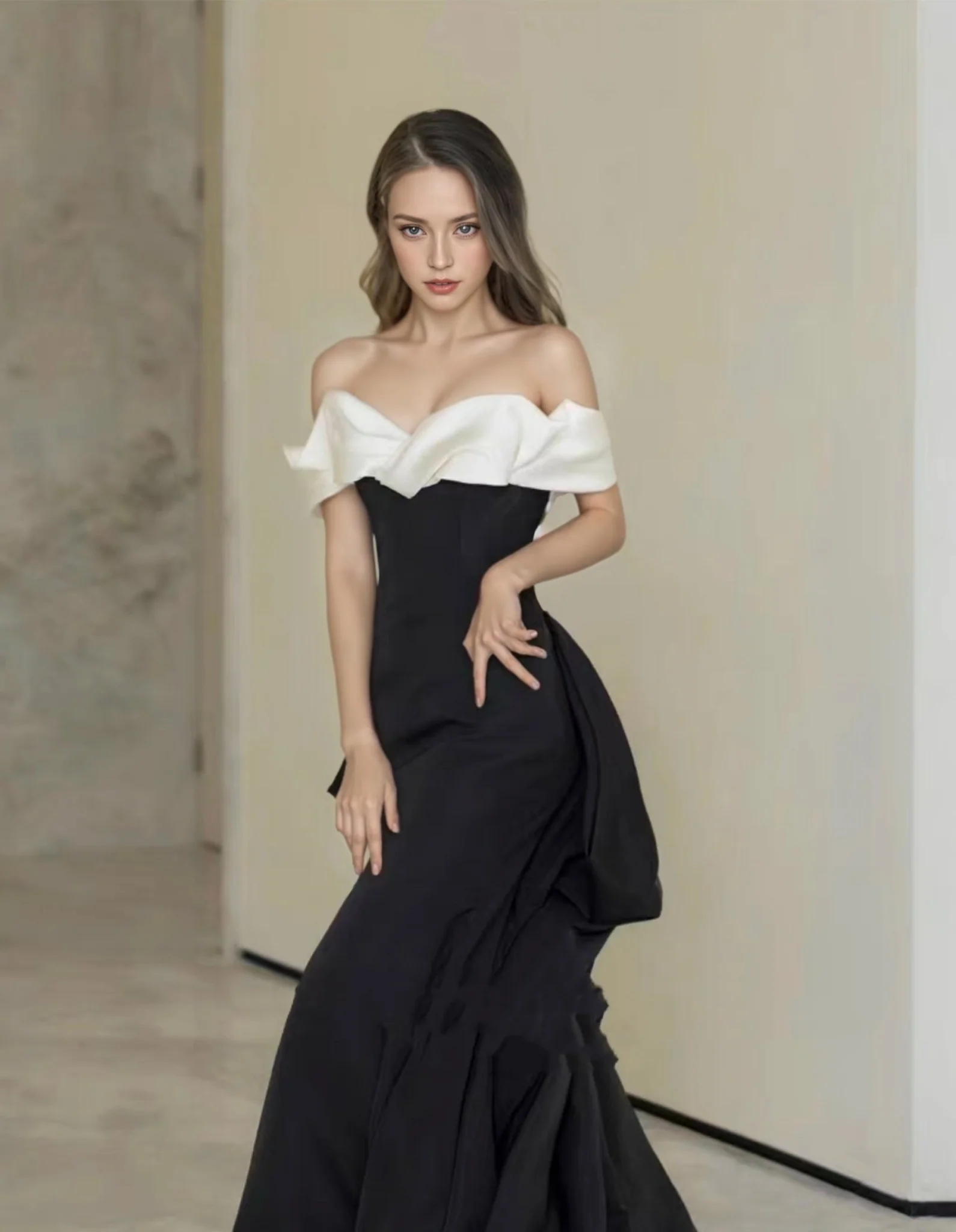 Elegant Gothic Black and White Evening Gown with Off-Shoulder Design Plus Size - Image 4