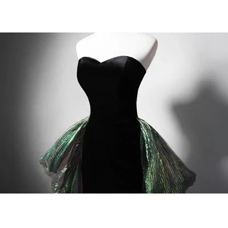 Gothic Black Strapless Evening Gown With Emerald Gauze - Gothic Formal Dress Plus Size - Image 3