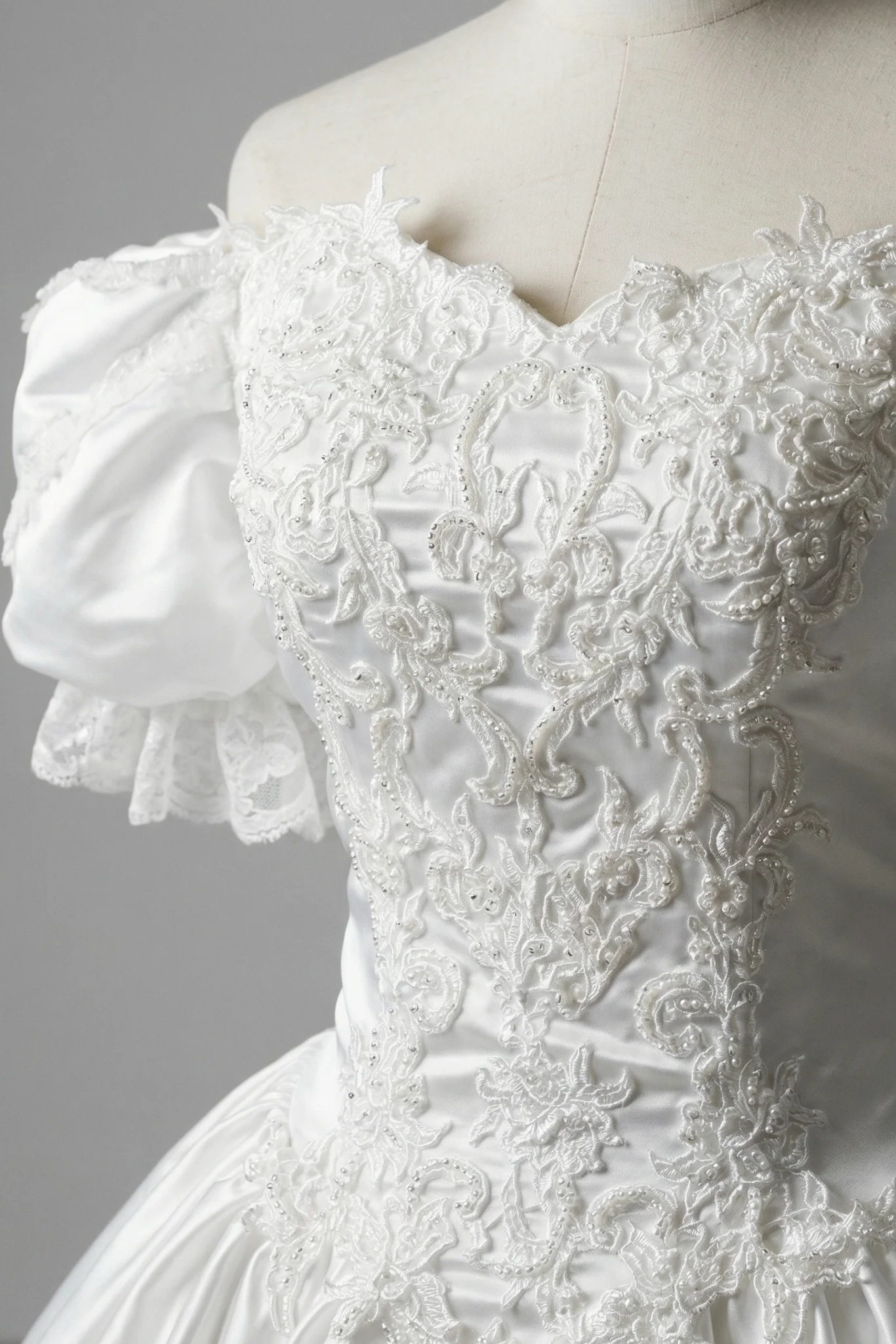 Princess Diana Wedding Dress - Antique White Modest Lace Wedding Dress With Floral Satin - Plus Size - Image 4