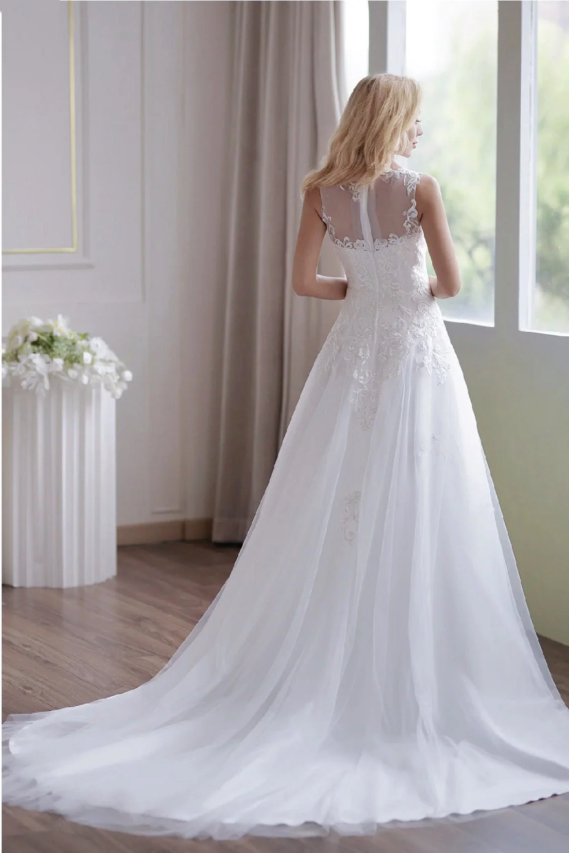 Soft Tulle A-Line Light Ivory Embroidery Illusion Neckline And Sheer Back Wedding Dress - Plus Size - Image 3