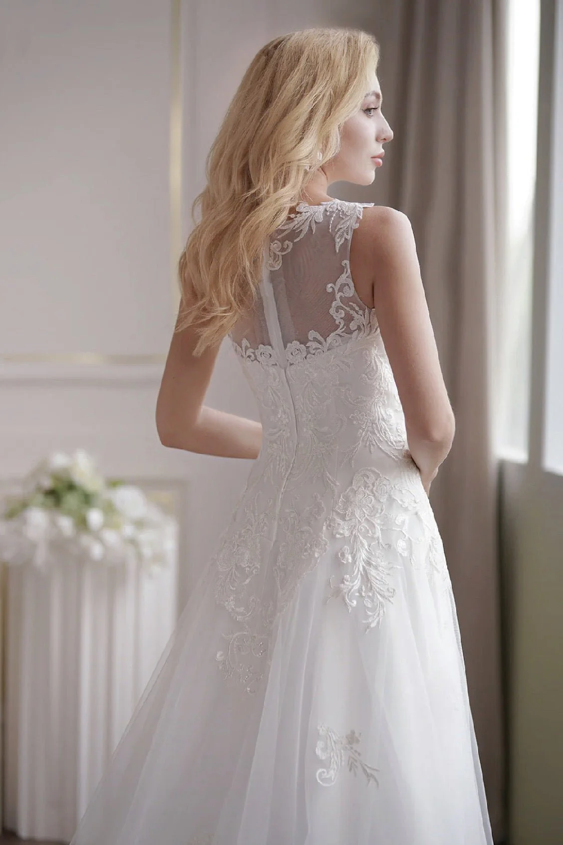 Soft Tulle A-Line Light Ivory Embroidery Illusion Neckline And Sheer Back Wedding Dress - Plus Size - Image 4