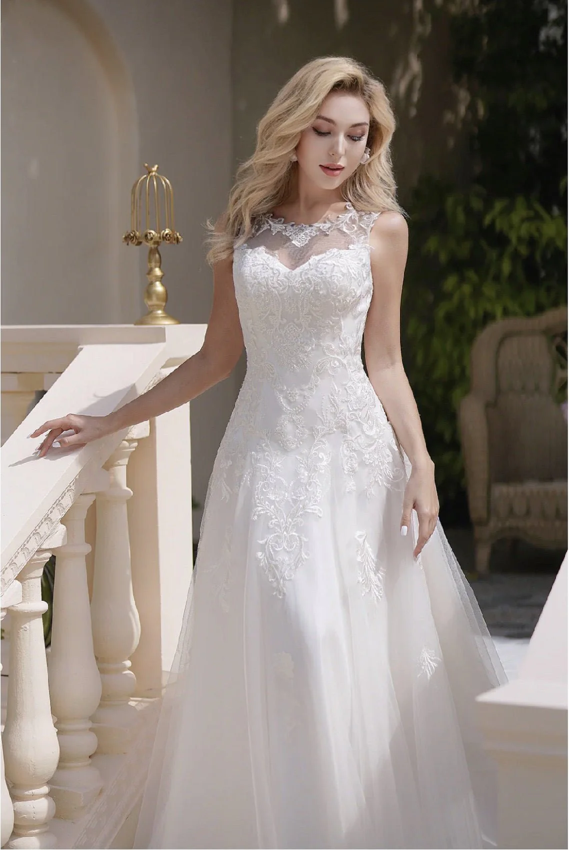 Soft Tulle A-Line Light Ivory Embroidery Illusion Neckline And Sheer Back Wedding Dress - Plus Size - Image 5