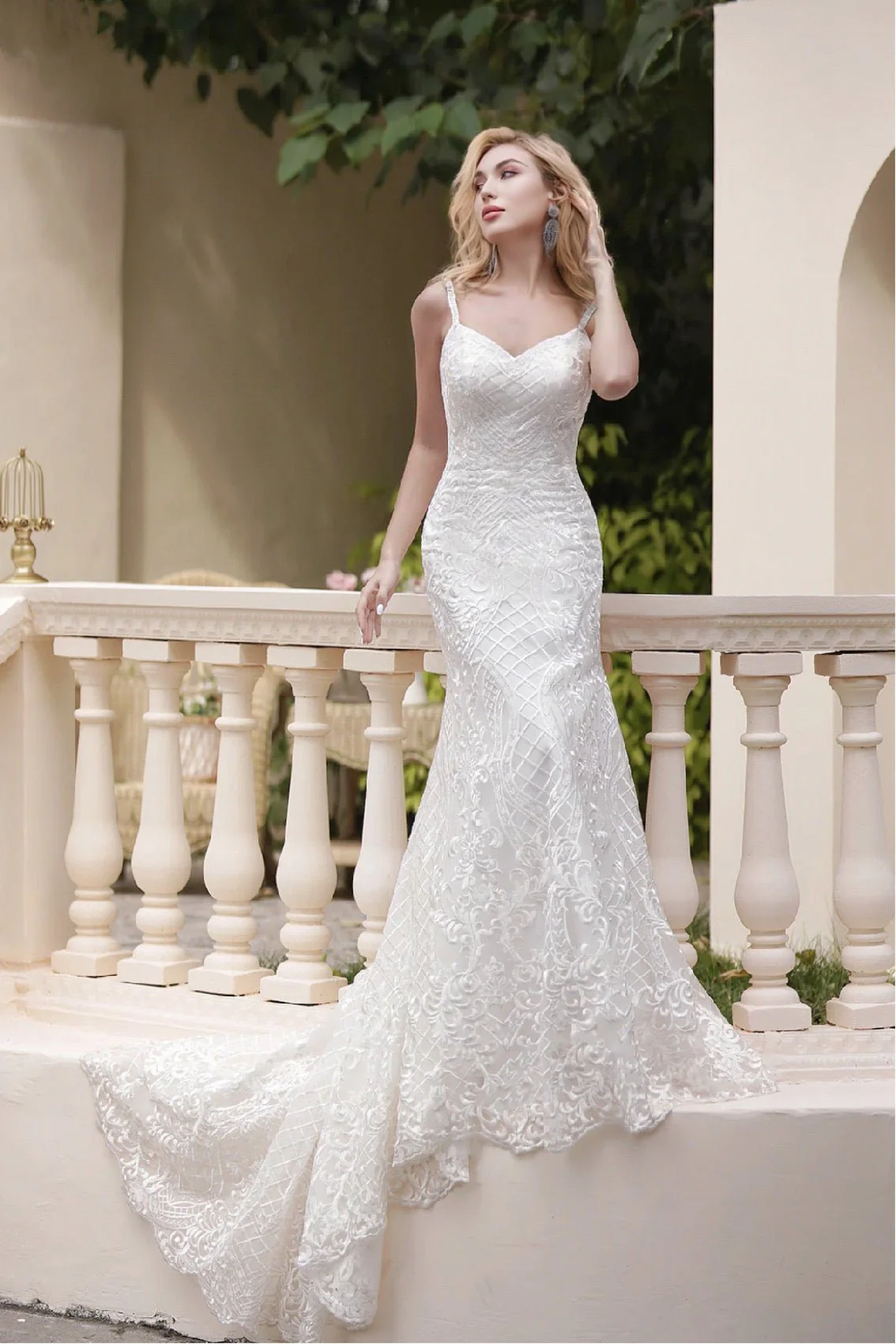 Curve-Hugging Beaded Lace Light Ivory Spaghetti Straps Sweetheart Neck Mermaid  Illusion Back Wedding Gown - Plus Size - Image 3