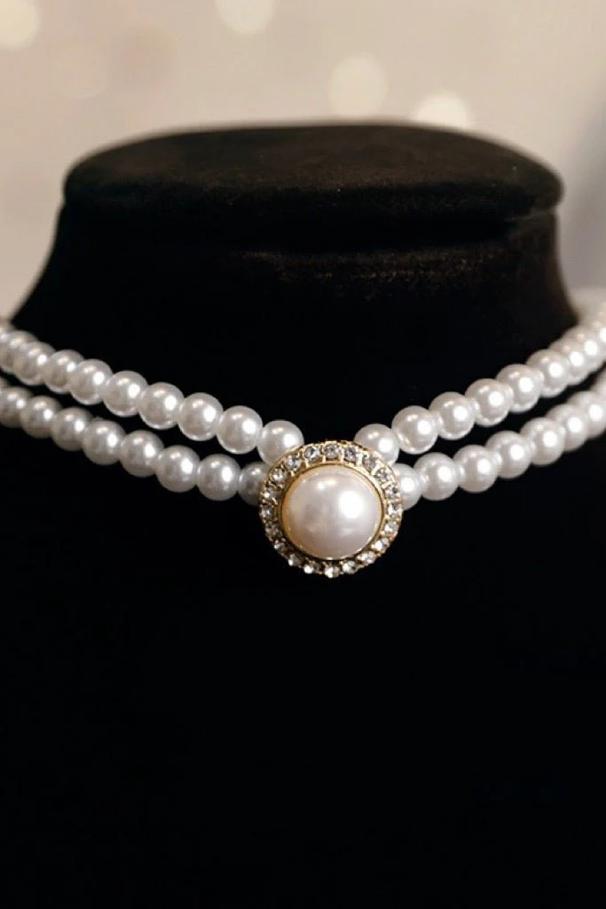French Vintage Double-layered Pearl and Rhinestone Collarbone Necklace - Image 2