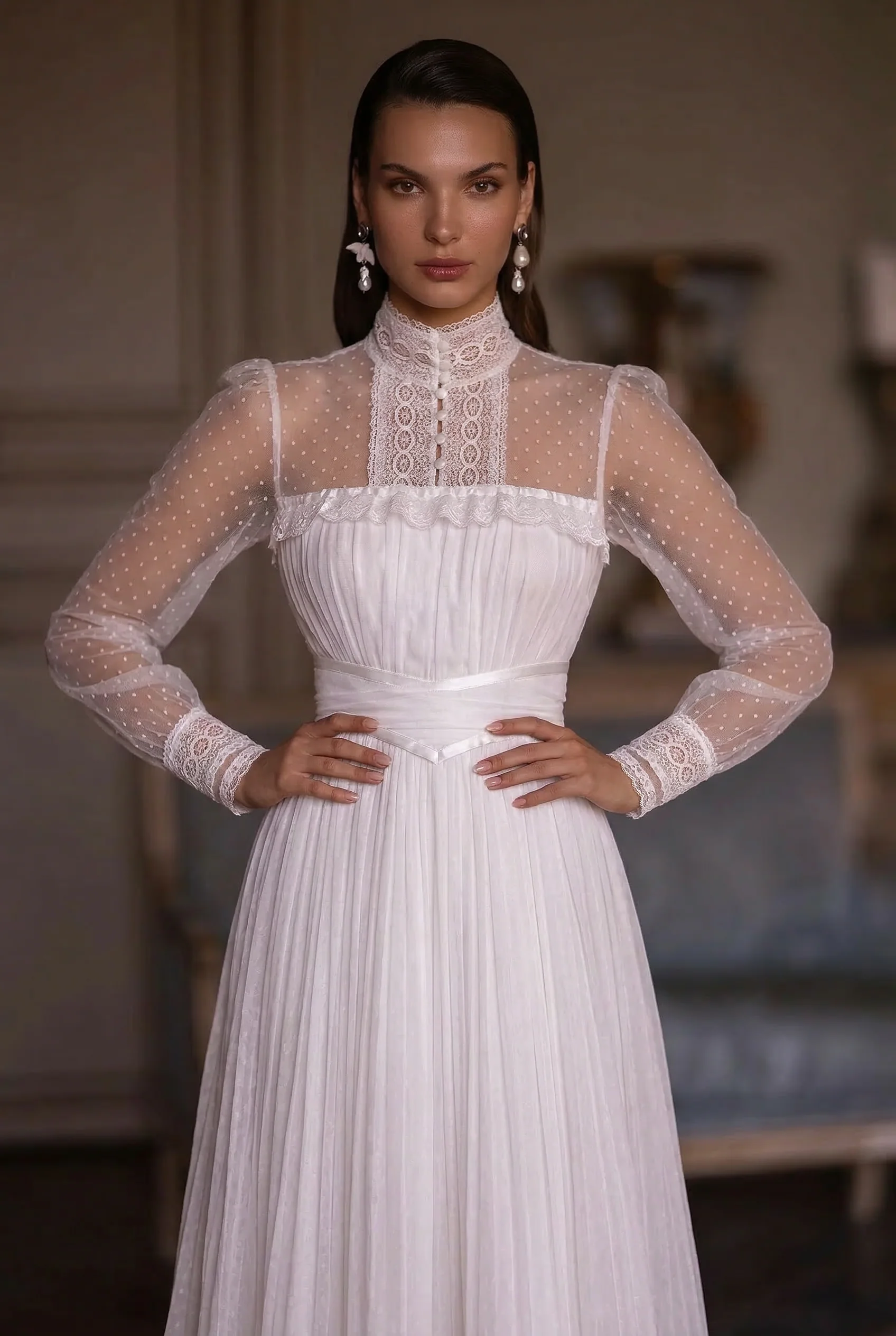 Gunne Sax Inspired White Lace Victorian Modest Wedding Dress 1980s- Long Sleeve - Image 3