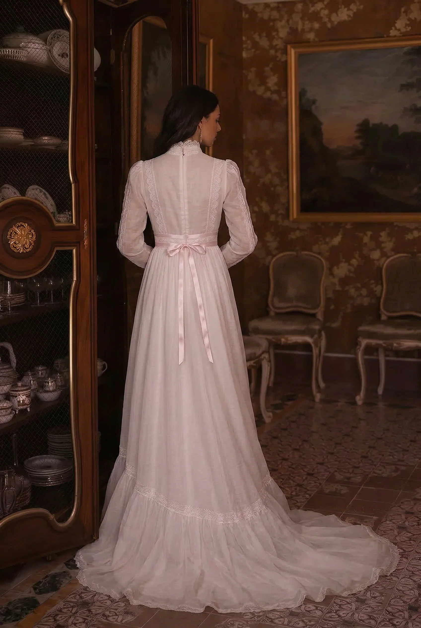 Modest Floral Lace Prom Dress - 1980s White Victorian Bridal Dress - Gunne Sax Inspired - Long Sleeve - Image 3