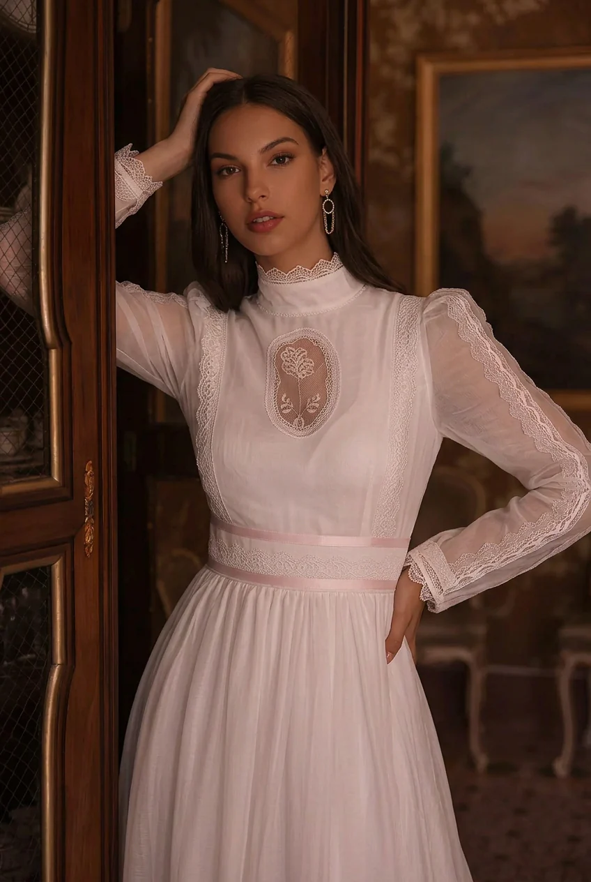 Modest Floral Lace Prom Dress - 1980s White Victorian Bridal Dress - Gunne Sax Inspired - Long Sleeve - Image 4