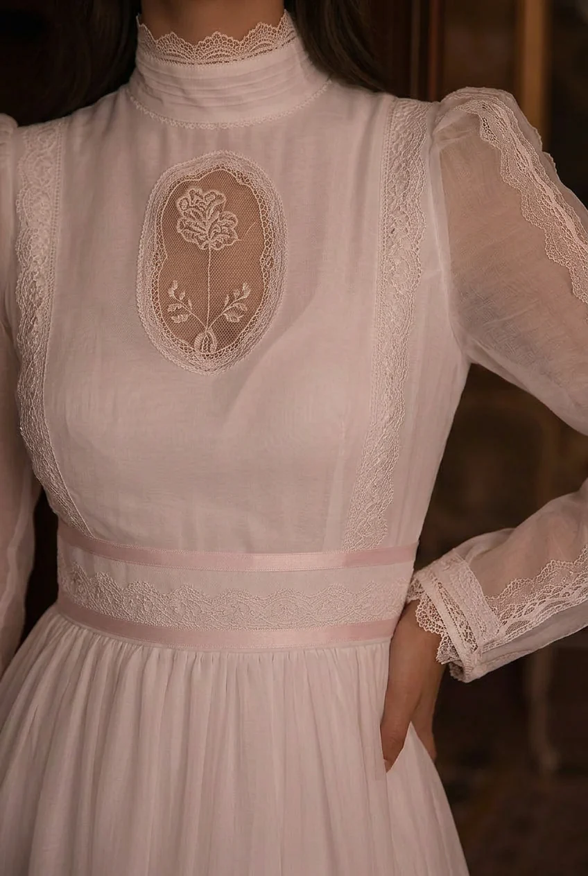 Modest Floral Lace Prom Dress - 1980s White Victorian Bridal Dress - Gunne Sax Inspired - Long Sleeve - Image 5