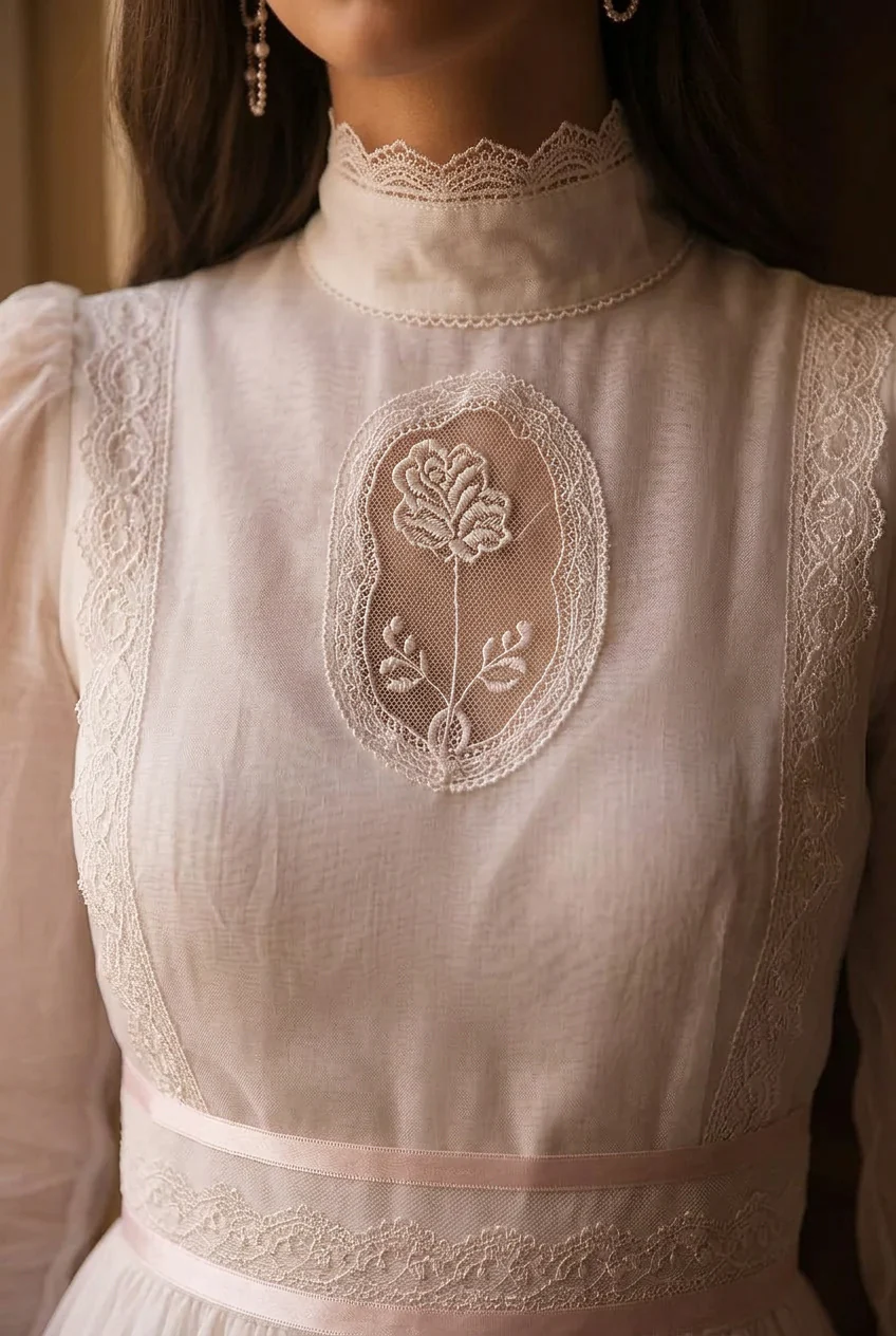 Modest Floral Lace Prom Dress - 1980s White Victorian Bridal Dress - Gunne Sax Inspired - Long Sleeve - Image 6