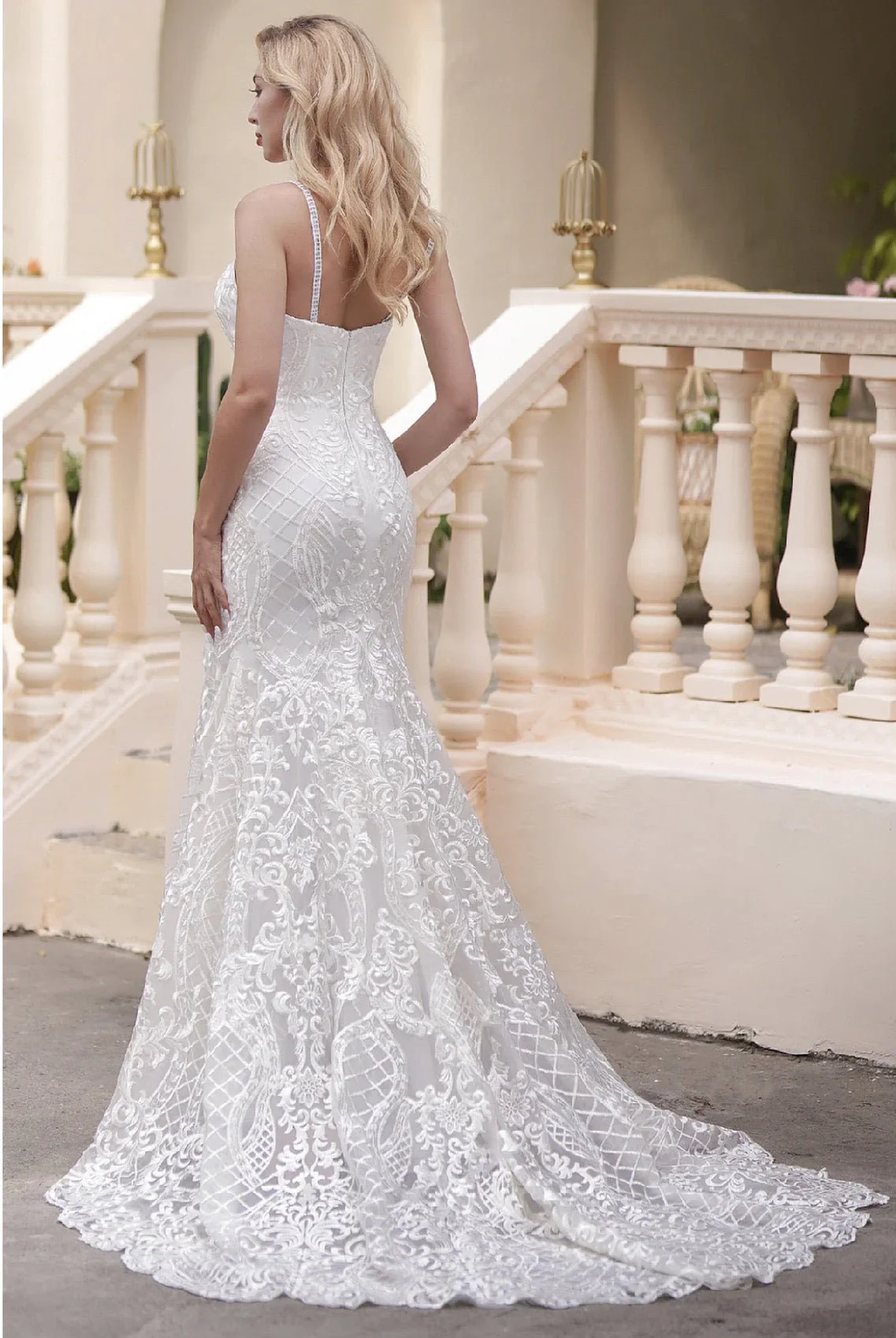 Spaghetti Strap Sweetheart Neckline Fit And Flare Light Ivory Lace Embroider Wedding Dress - Plus Size - Image 4