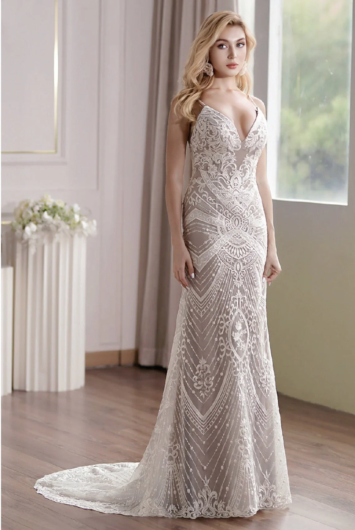 Glamorous Lace Embroidery Fit-and-Flare Mermaid Wedding Gown With Plunging Neckline - Plus Size - Image 3