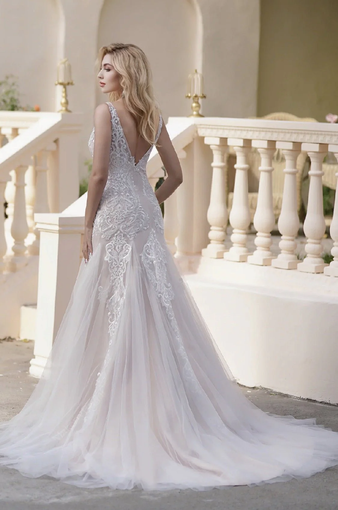 Scalloped Pink Nude Lace V-Neck Godet Mermaid Bridal Gown - Plus Size - Image 3